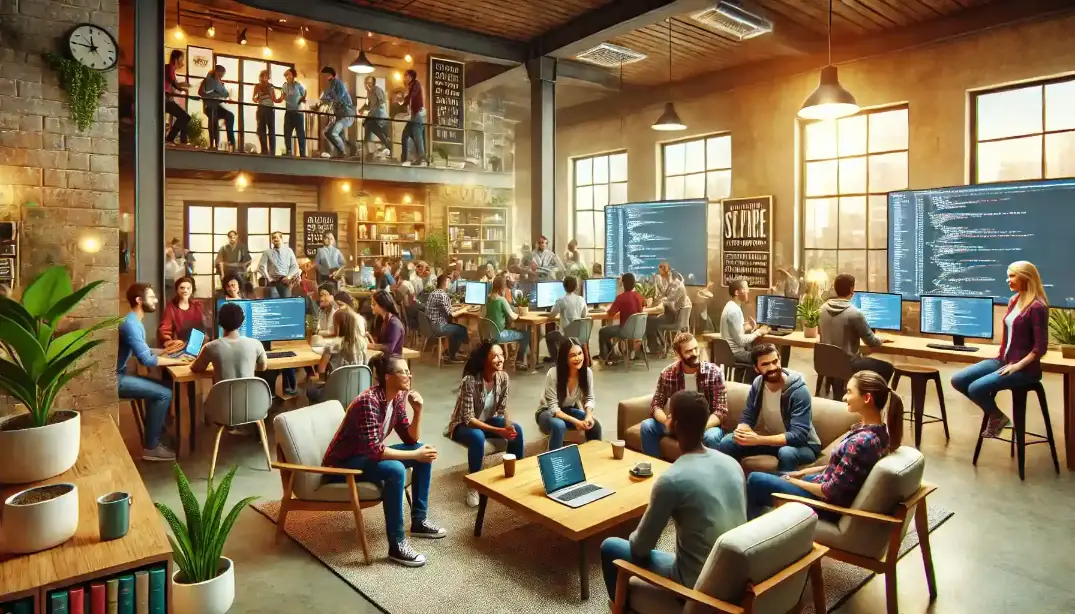 Community of C# software developers at a meeting in a cafe